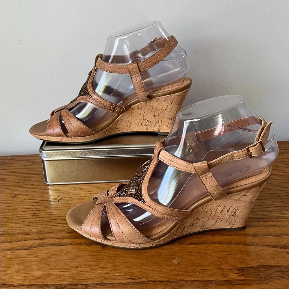 Clark Beaded Cork Wedge Leather Sandals Tan Brown Bronze Size 7.5